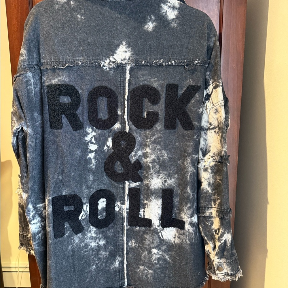 Distressed Denim Oversized Jacket with Rock & Roll Design